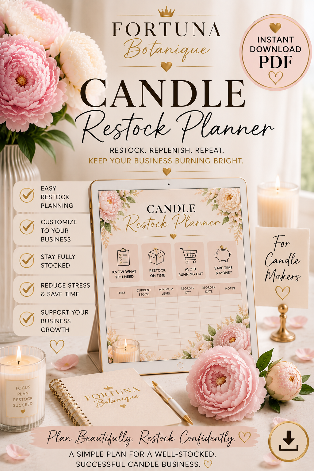 Luxury Candle Restock Planner | Inventory & Production Tracker | Printable Business Planner | Instant PDF Download