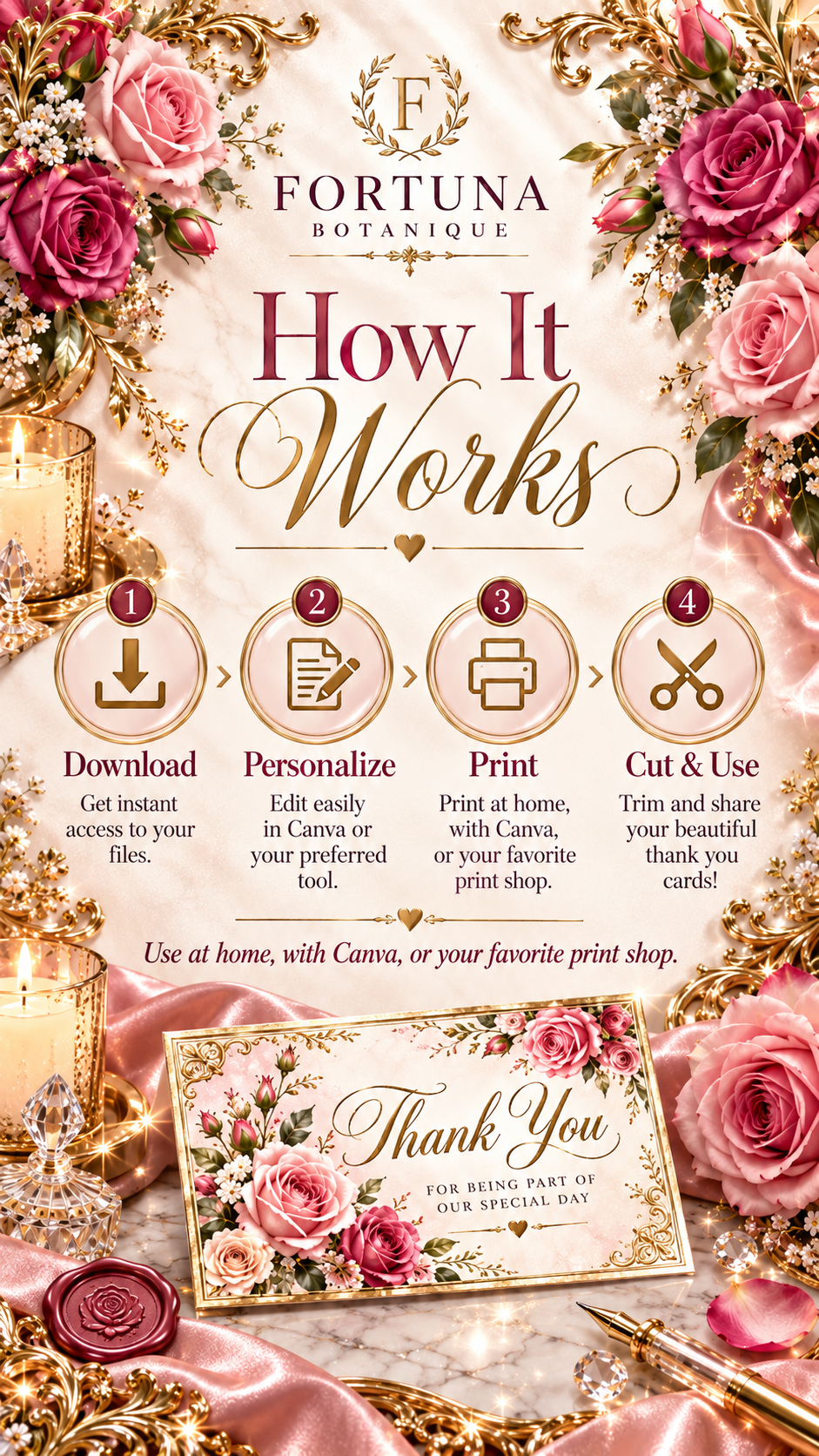 Pink Rose Wedding Thank You Cards | 50 Printable Cards