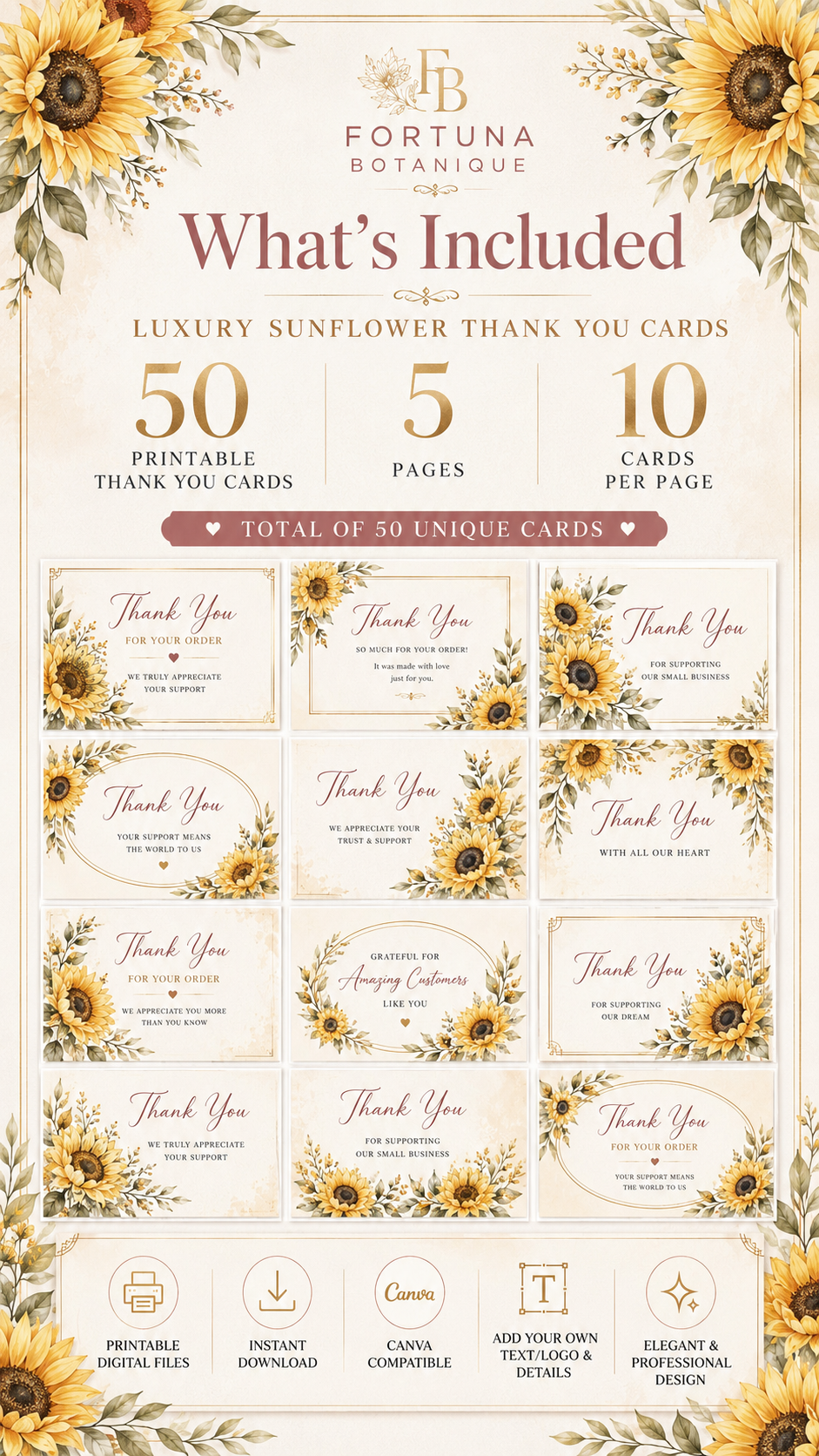 Luxury Sunflower Printable Thank You Cards | 50 Small Business Cards