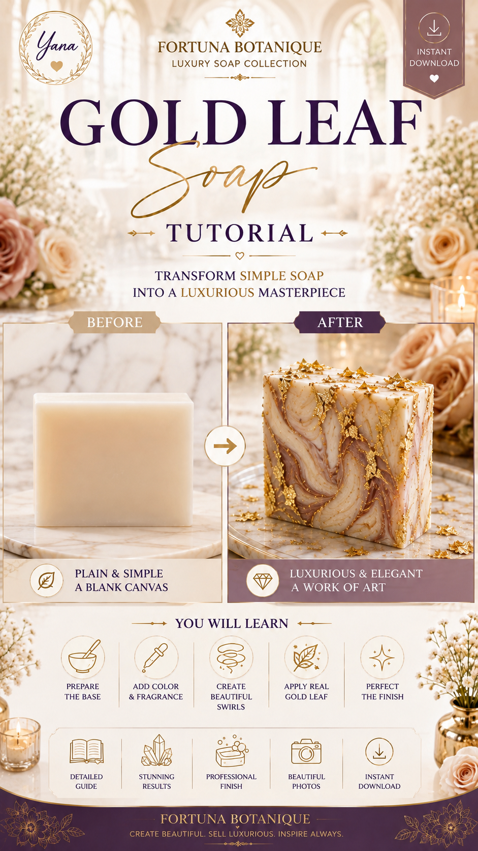 Gold Leaf Soap Tutorial | Luxury Melt & Pour Soap Making Guide | Marble Swirl Soap | Soap Decorating with Real Gold Leaf | PDF E-Book