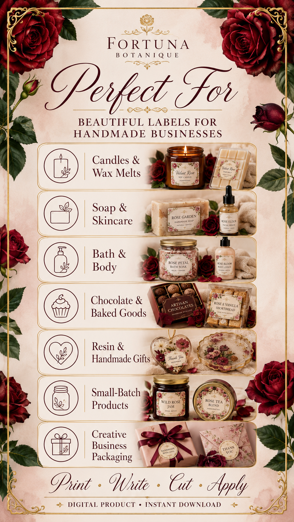 Red Rose Printable Fill-In Labels | 50 Small Business Product & Packaging Labels