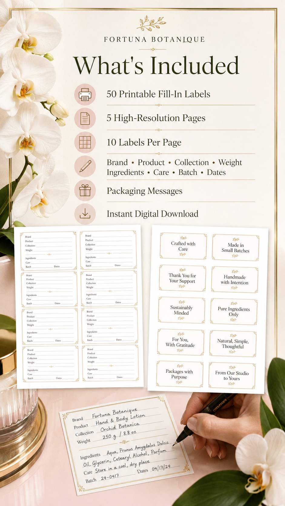White Orchid Printable Fill-In Labels | 50 Small Business Product & Packaging Labels