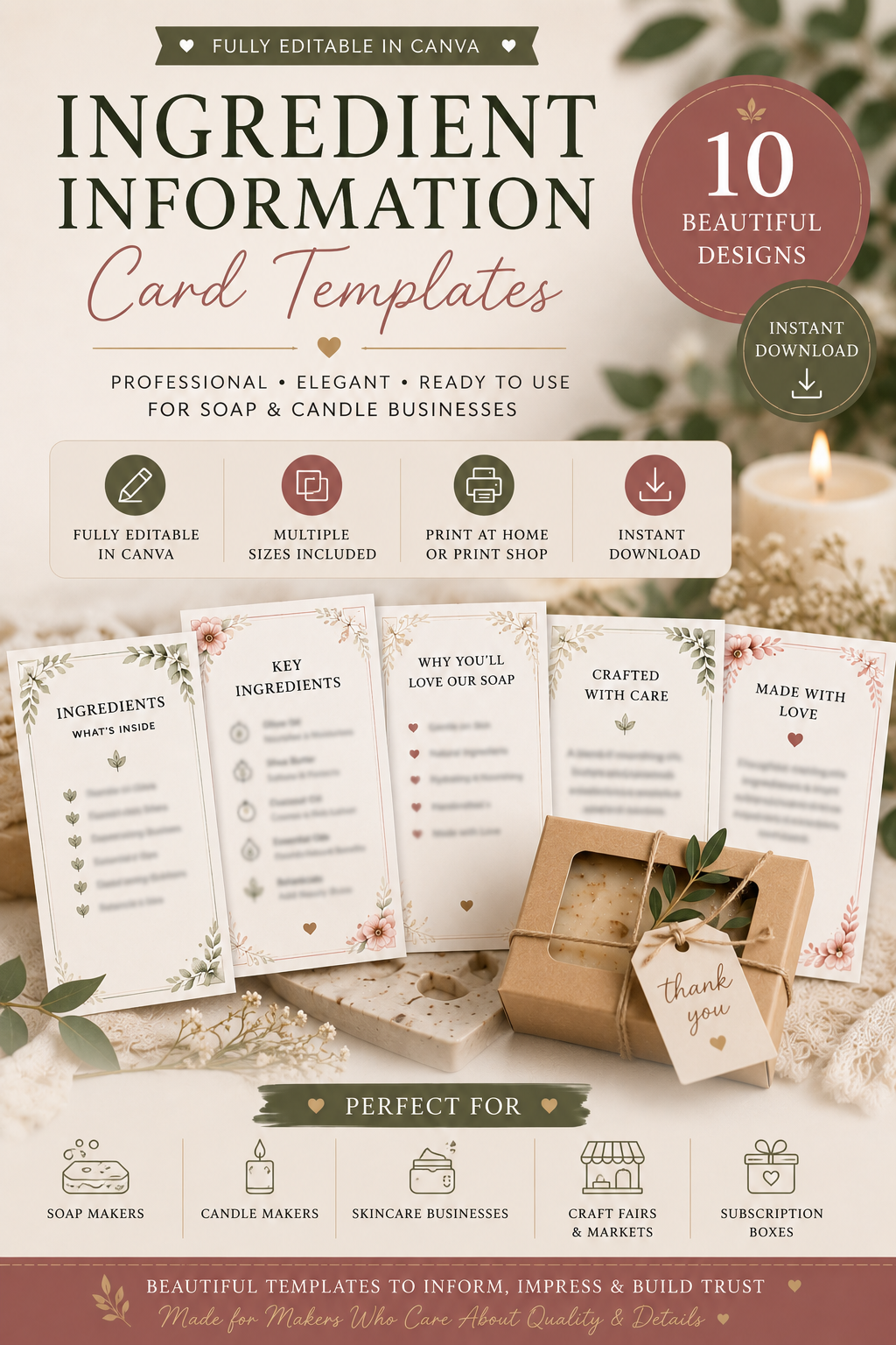 Luxury Ingredient Information Card Templates | Editable Canva Ingredient Cards for Soap, Candle & Skincare Businesses (Instant PDF Download)