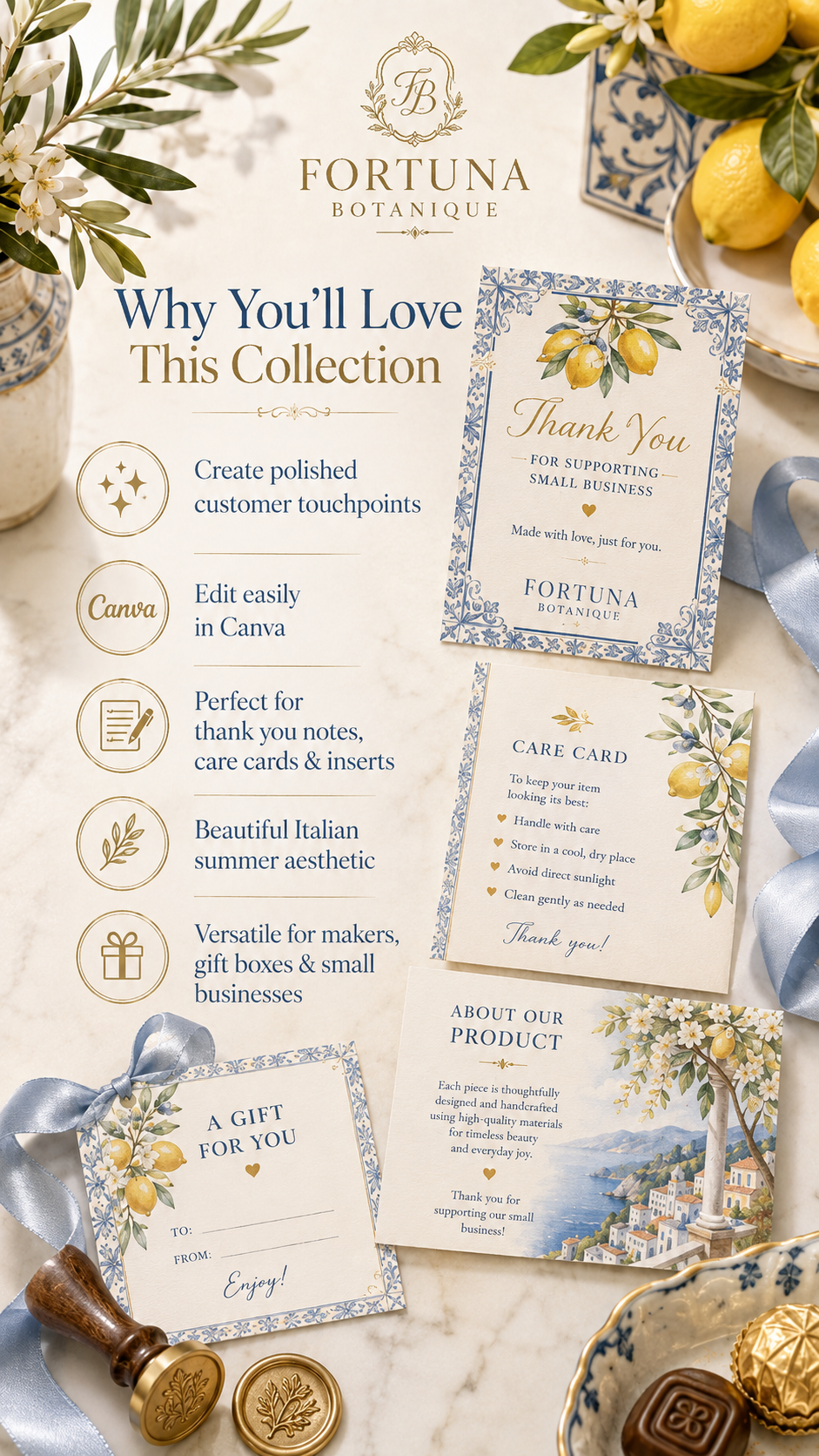 Italian Summer Small Business Card Collection | Editable Canva Thank You, Care & Insert Templates