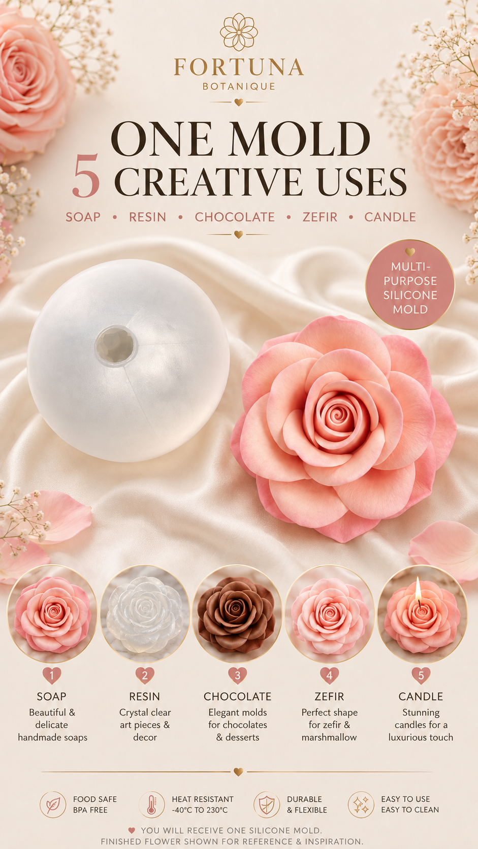 Rose Silicone Flower Mold for Soap, Candles, Resin, Chocolate & Zefir