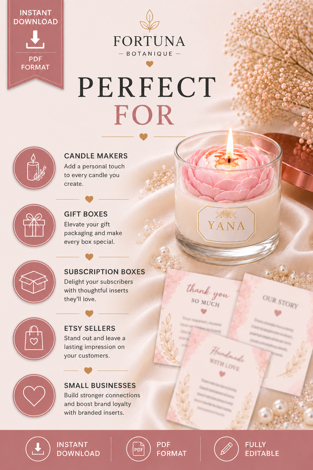 Luxury Candle Packaging Insert Templates | Editable Thank You Cards | Candle Care Cards | Small Business Branding | Instant PDF Download