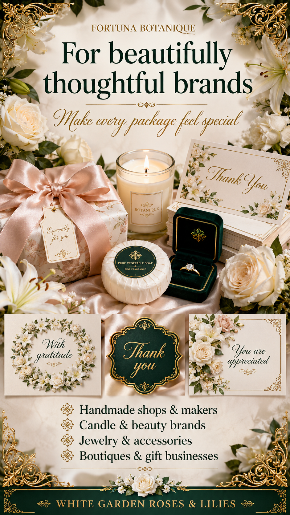 Luxury White Roses & Lilies Printable Thank You Cards | 50 Small Business Cards