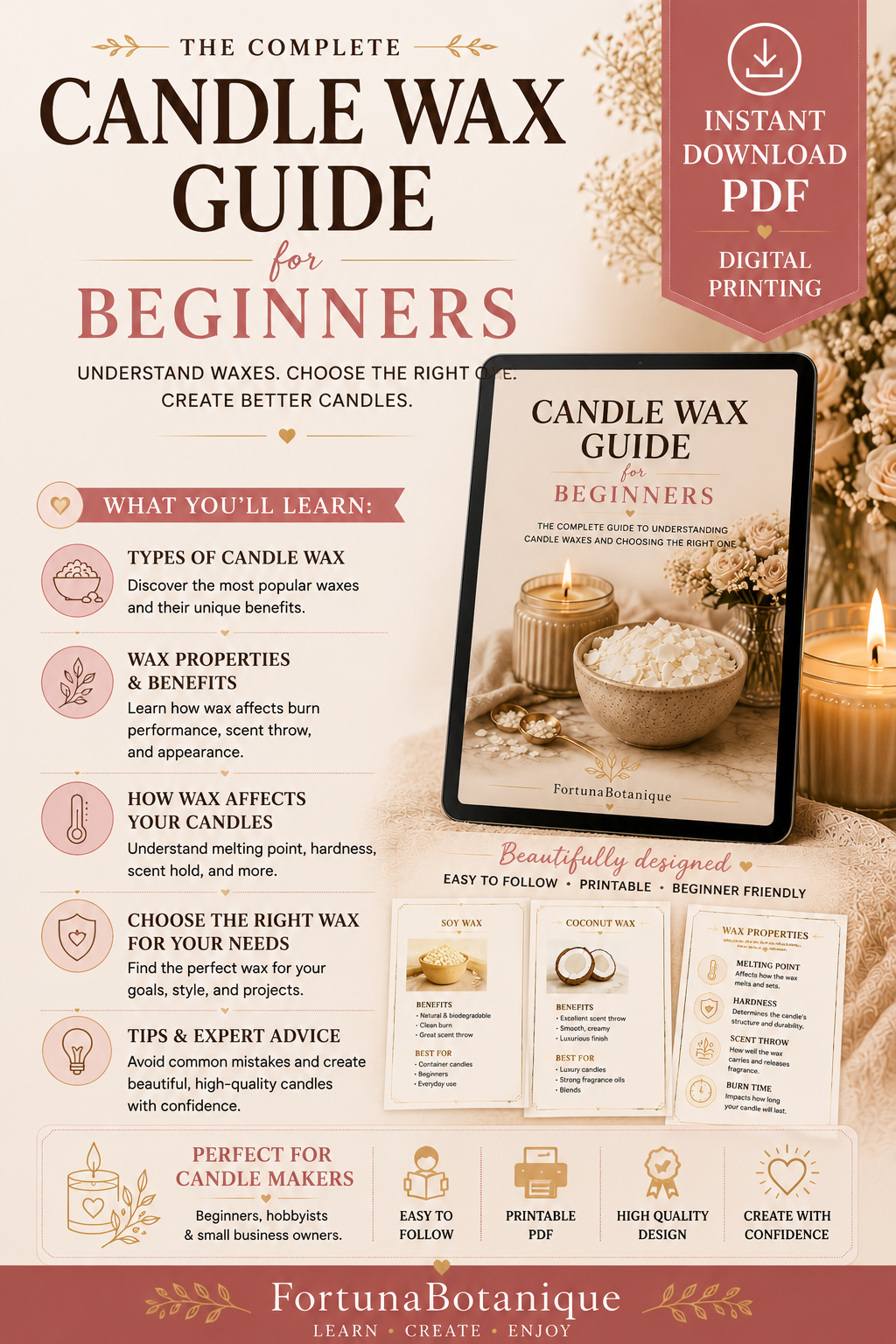 Luxury Candle Wax Guide for Beginners | Soy, Coconut, Beeswax & Paraffin Wax Guide | Instant PDF Download