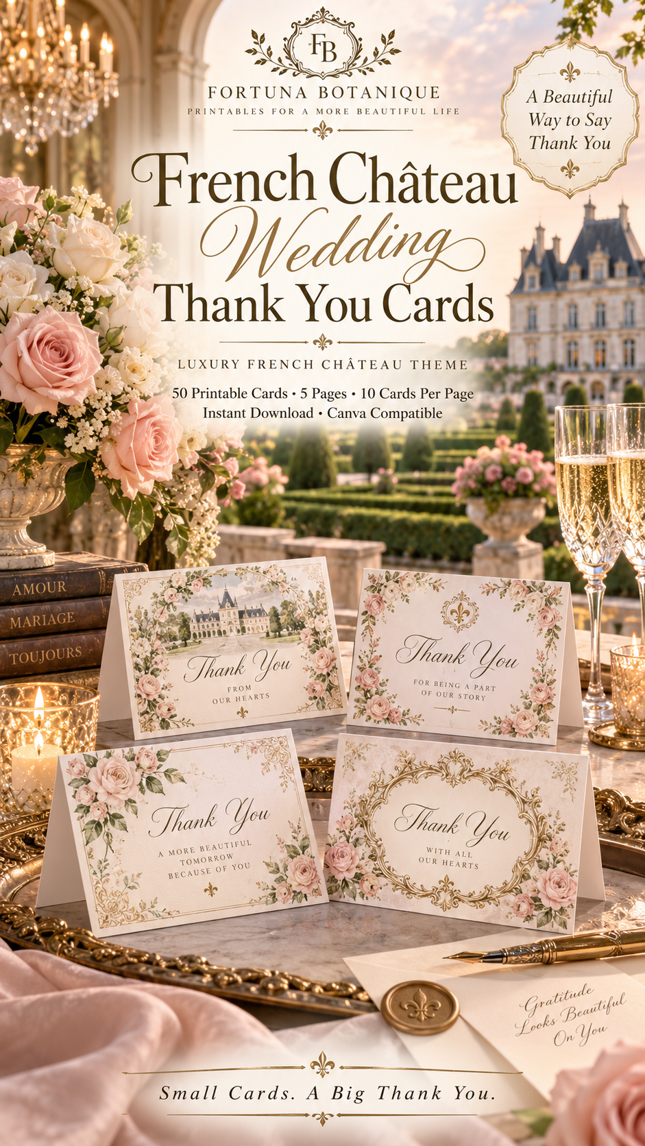 French Château Wedding Thank You Cards | 50 Printable Wedding Cards