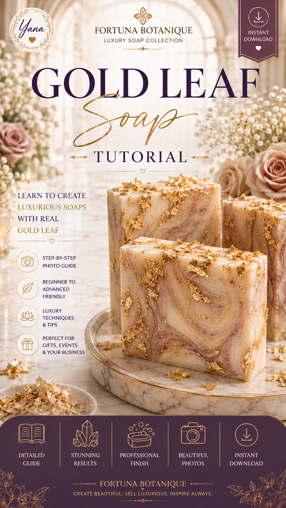 Gold Leaf Soap Tutorial | Luxury Melt & Pour Soap Making Guide | Marble Swirl Soap | Soap Decorating with Real Gold Leaf | PDF E-Book