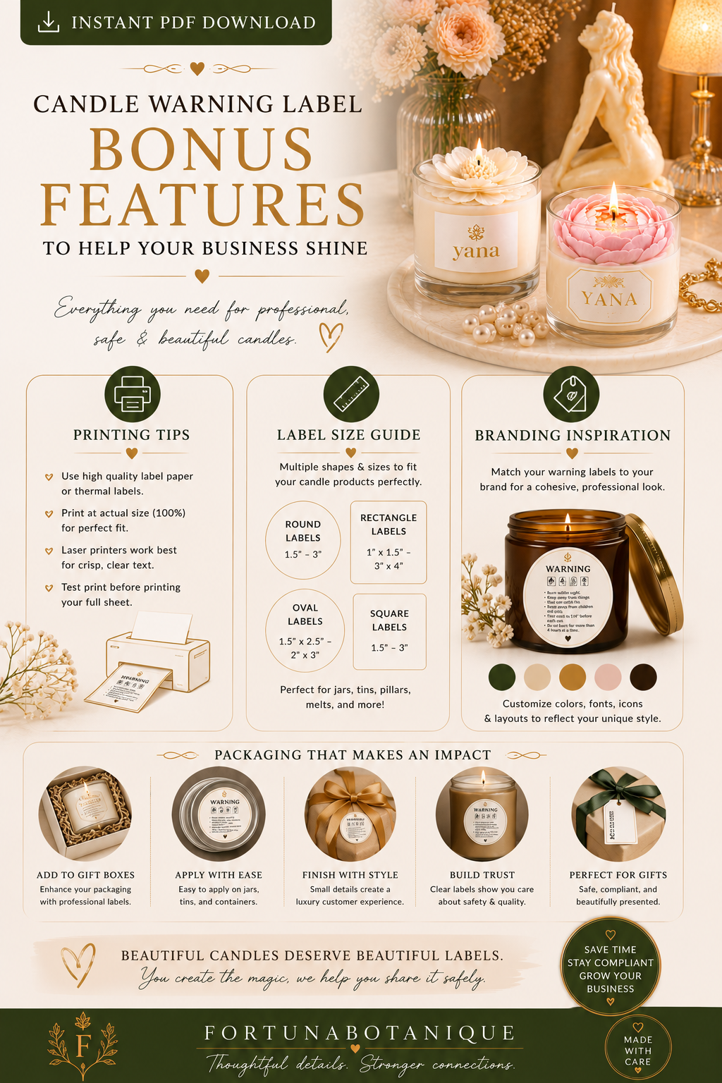 Luxury Candle Warning Label Templates | Editable Printable Safety Labels for Handmade Candle Businesses
