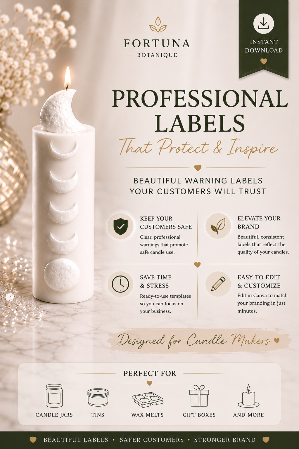 Luxury Candle Warning Label Templates | Printable Candle Safety Labels | Editable Candle Labels | Instant PDF Download