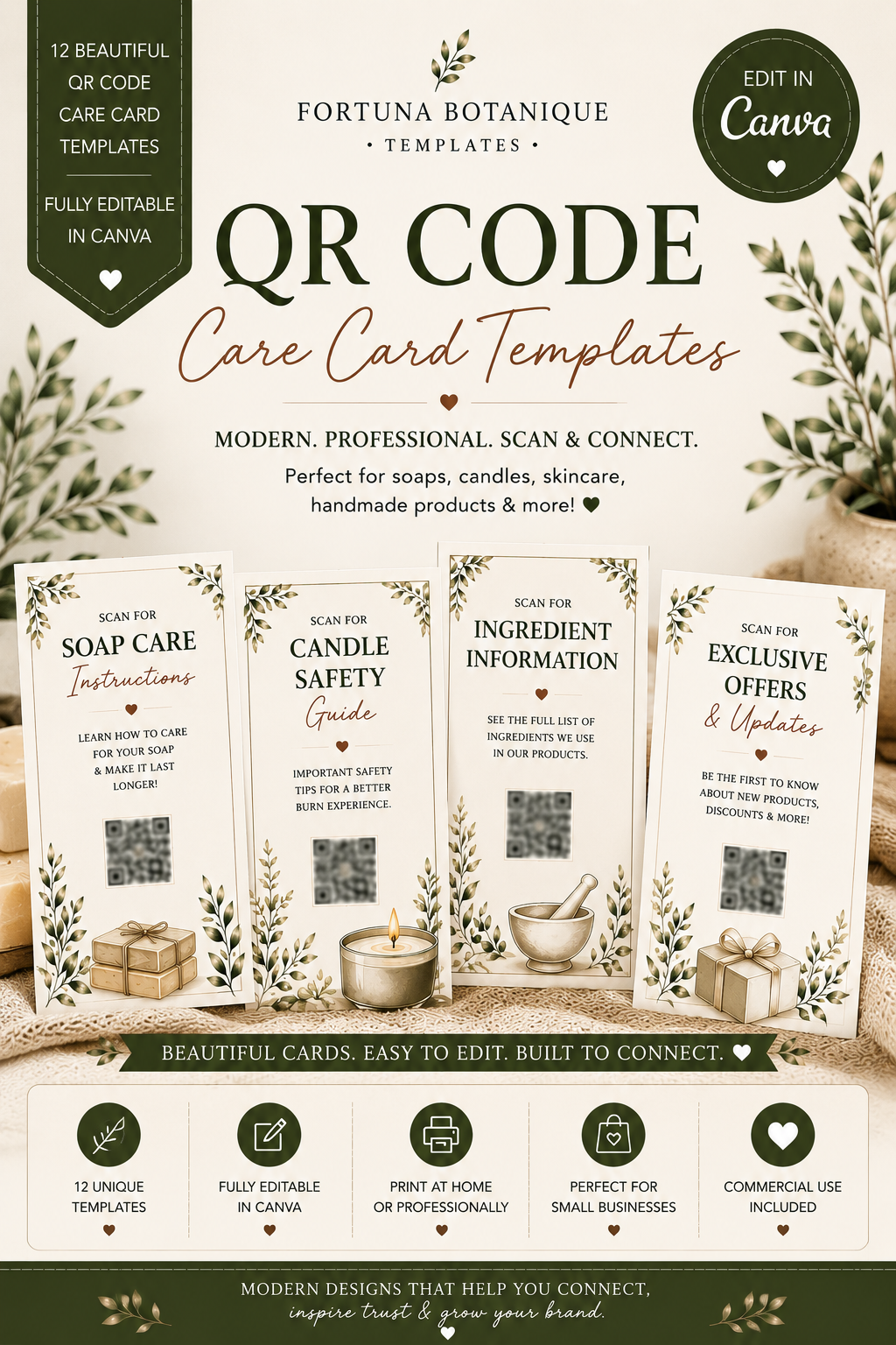 Luxury QR Code Care Card Templates | Editable Canva Packaging Inserts for Small Businesses (Instant PDF Download)