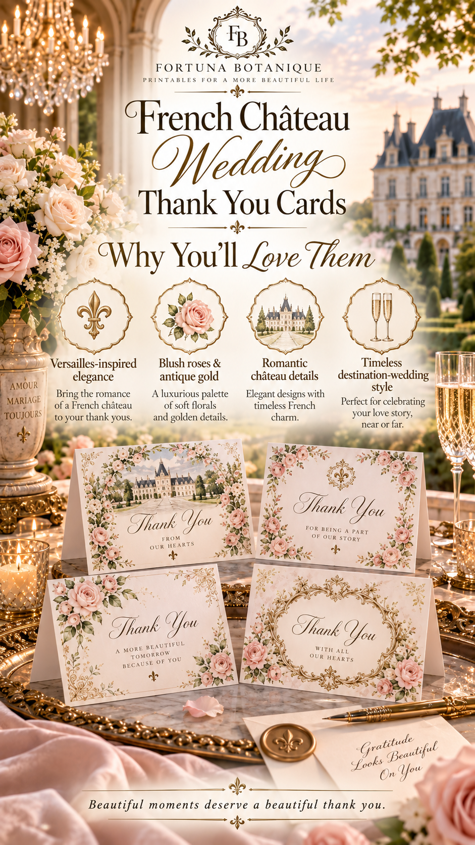 French Château Wedding Thank You Cards | 50 Printable Wedding Cards