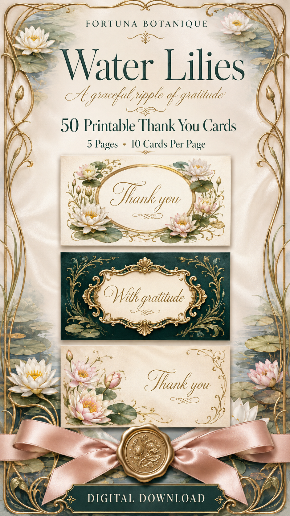 Luxury Water Lily Printable Thank You Cards | 50 Small Business Cards