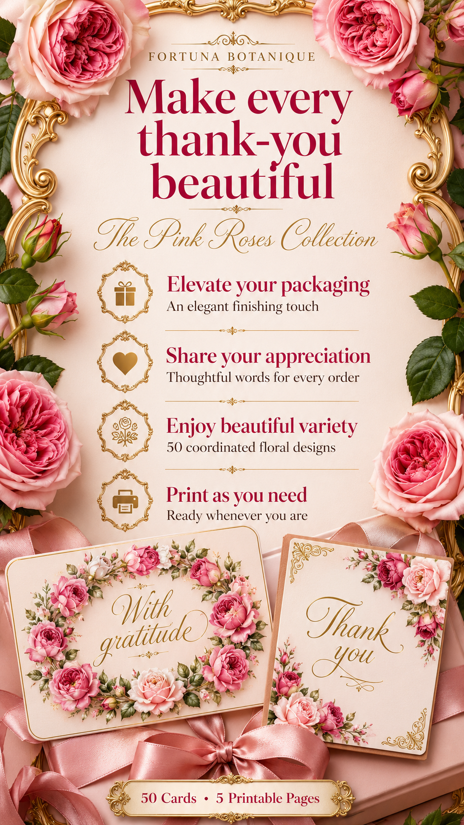 Luxury Pink Roses Printable Thank You Cards | 50 Small Business Cards