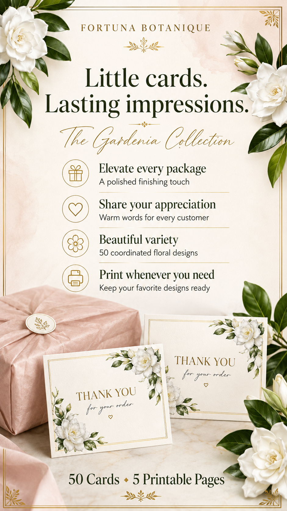 Luxury Gardenia Printable Thank You Cards | 50 Small Business Cards