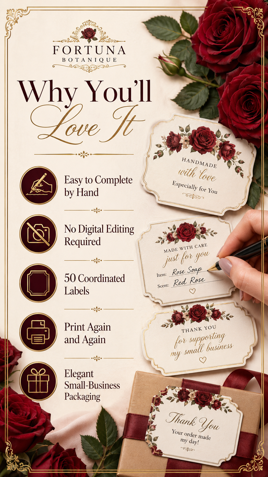 Red Rose Printable Fill-In Labels | 50 Small Business Product & Packaging Labels