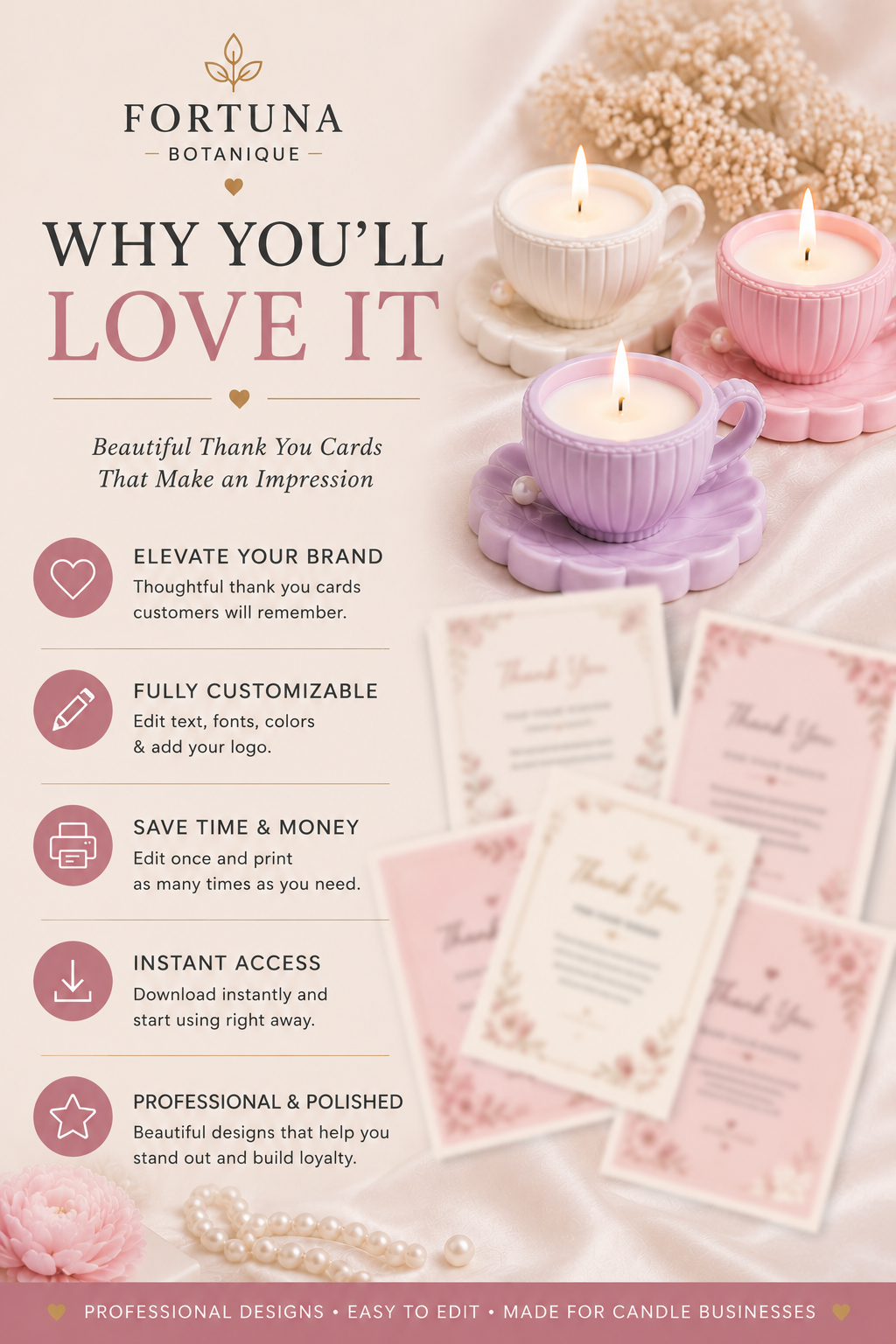 Luxury Candle Thank You Card Templates | Editable Printable Thank You Cards | Small Business Branding | Instant PDF Download
