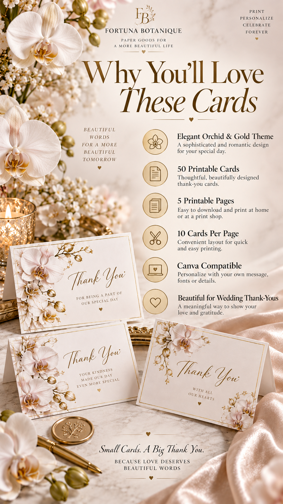Orchid & Gold Wedding Thank You Cards | 50 Printable Cards