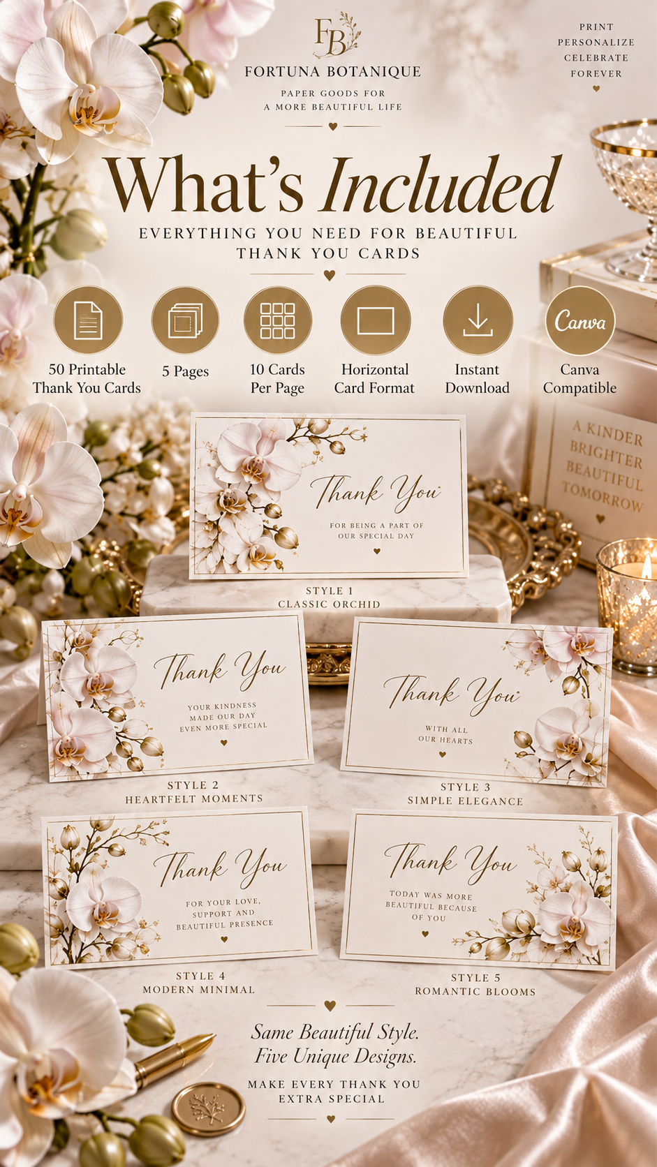 Orchid & Gold Wedding Thank You Cards | 50 Printable Cards