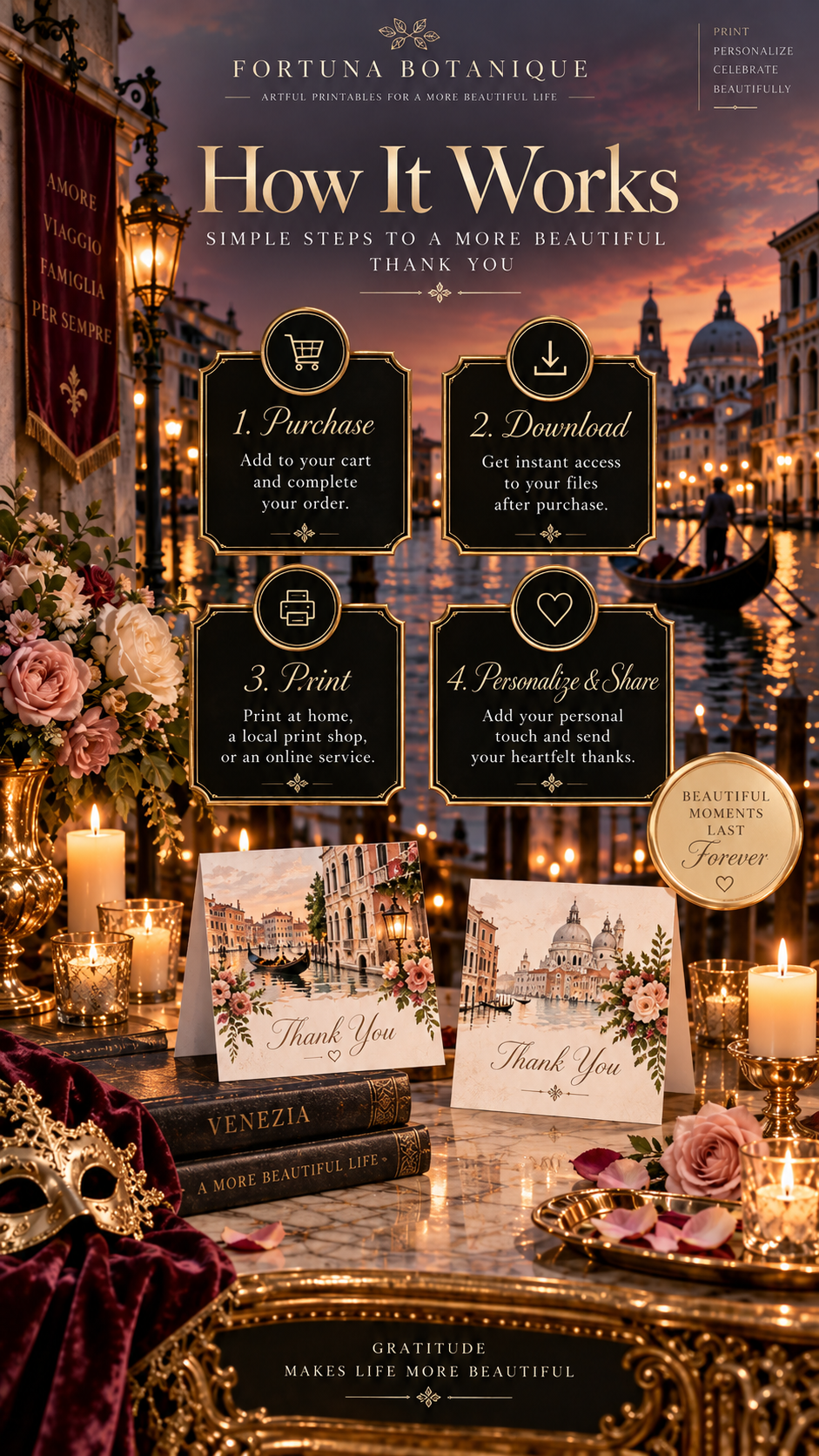 Venice Wedding Thank You Cards | 50 Printable Venetian Wedding Cards