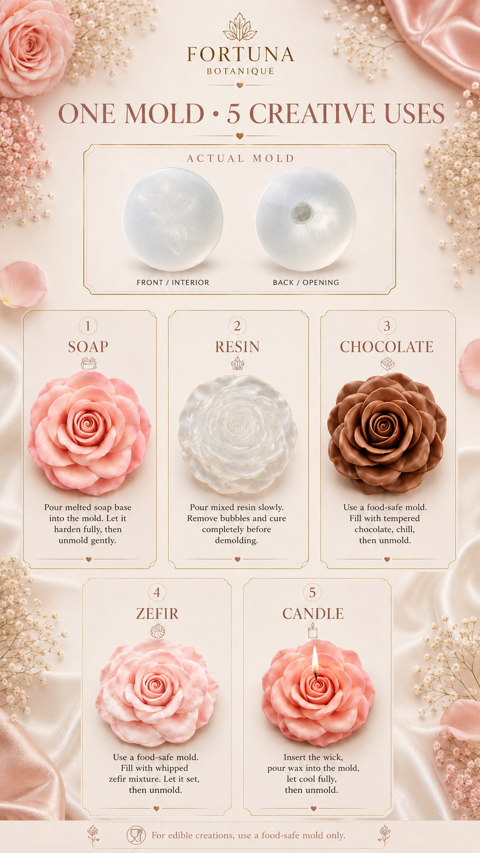 Rose Silicone Flower Mold for Soap, Candles, Resin, Chocolate & Zefir