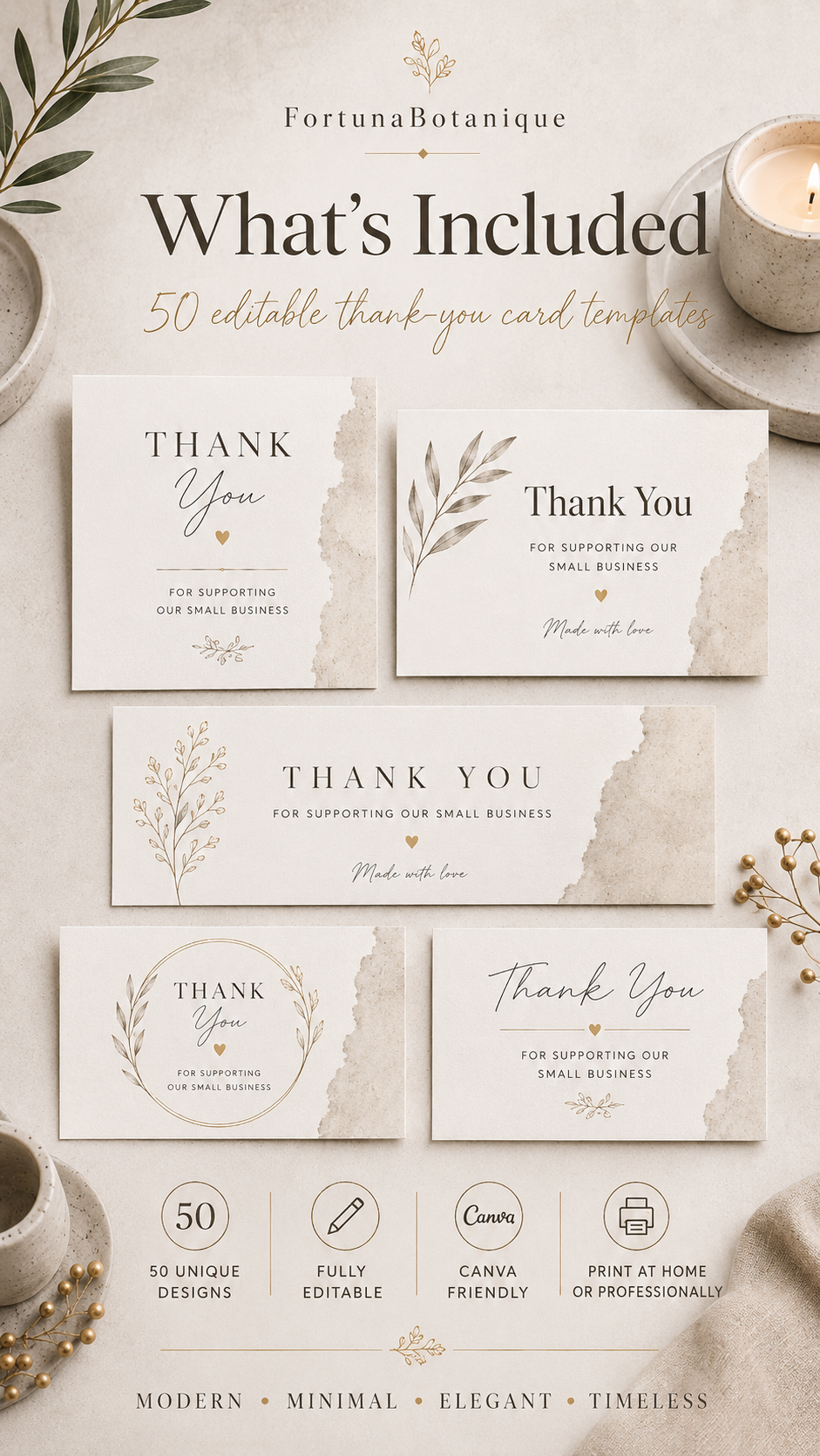 50 Editable Concrete Thank You Card Templates | Canva Packaging Inserts for Handmade Business