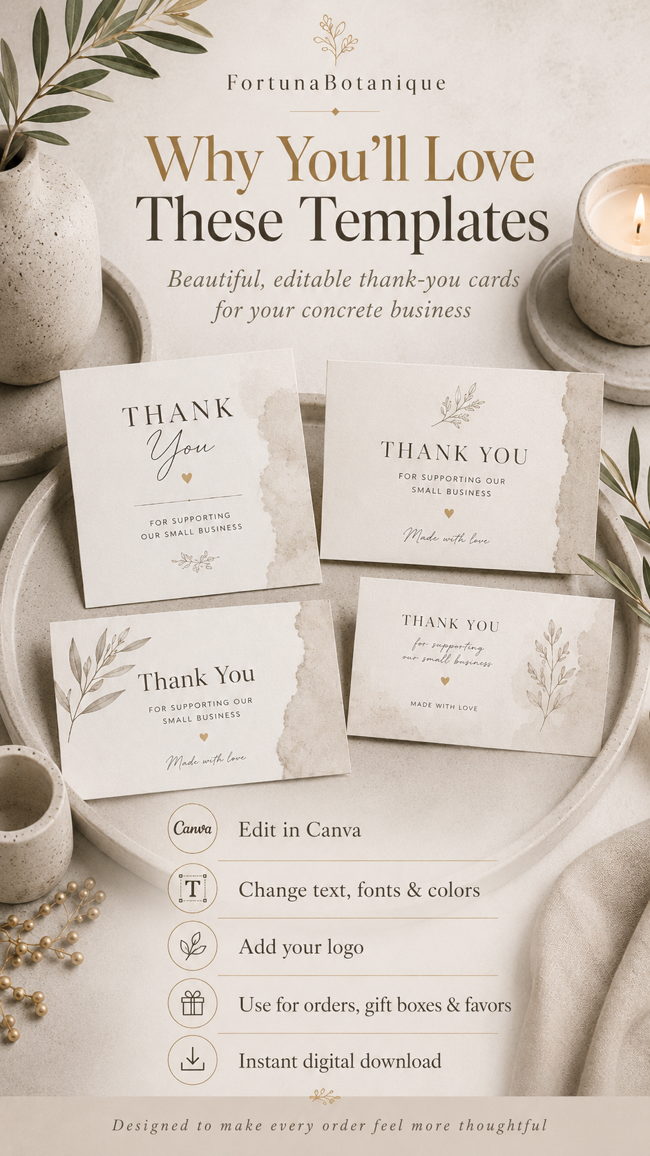 50 Editable Concrete Thank You Card Templates | Canva Packaging Inserts for Handmade Business