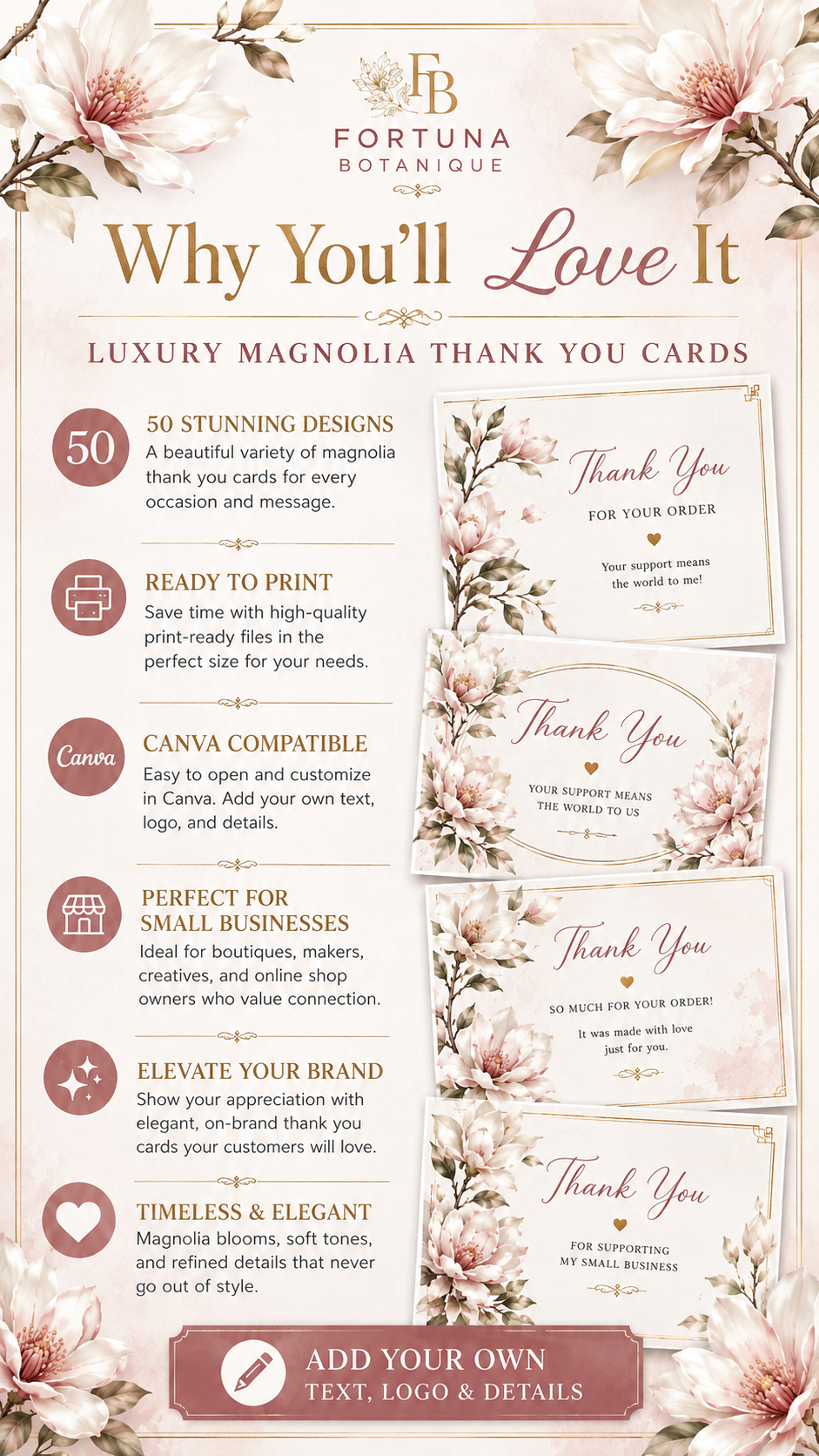 Luxury Magnolia Printable Thank You Cards | 50 Small Business Cards