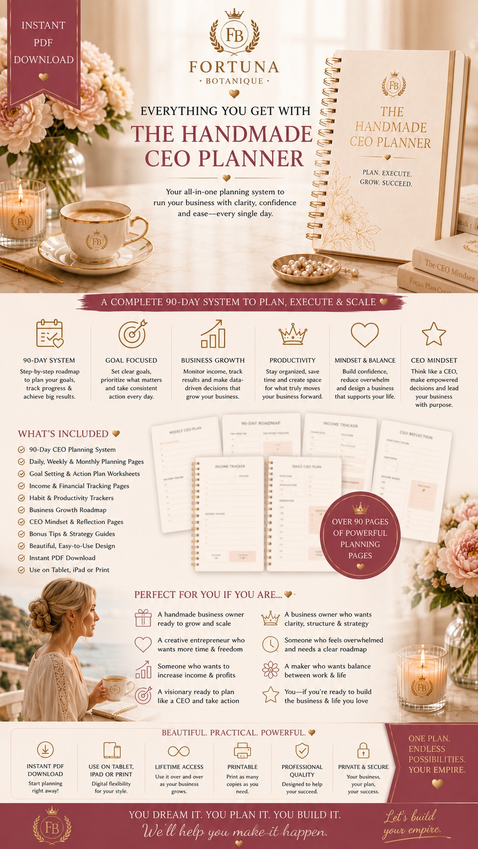 The Handmade CEO Planner™ | Luxury 90-Day Business Planner for Handmade Entrepreneurs | Printable PDF Workbook | Goal, Income & Productivity Tracker
