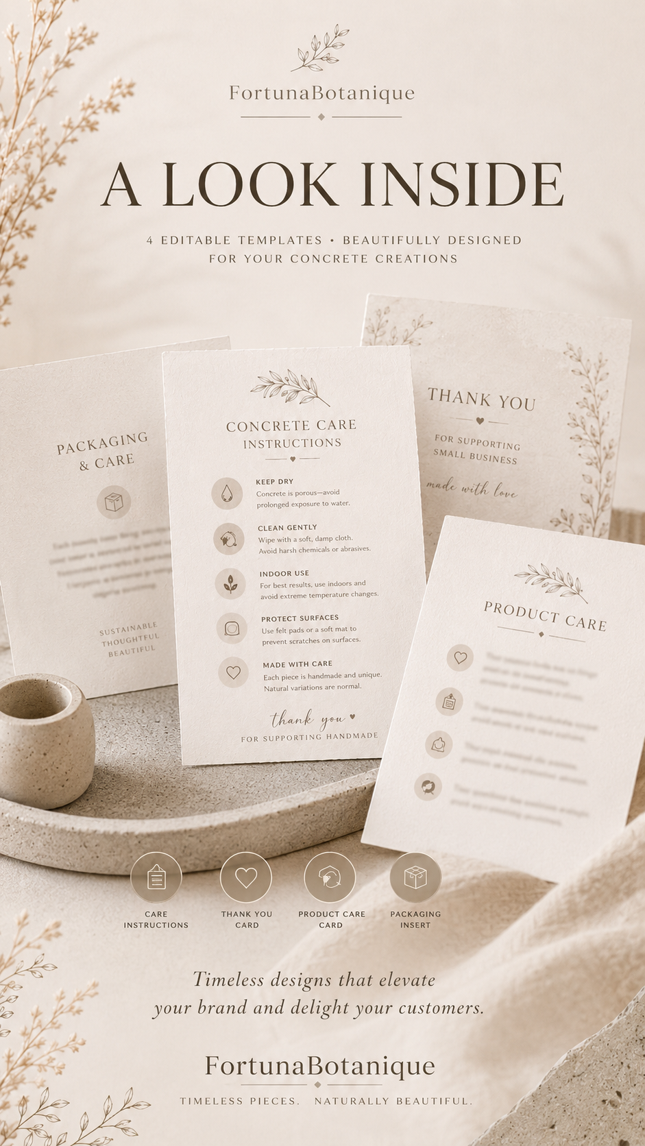 Concrete Care Instruction Card Templates | Printable Product Care & Thank-You Inserts for Concrete Makers