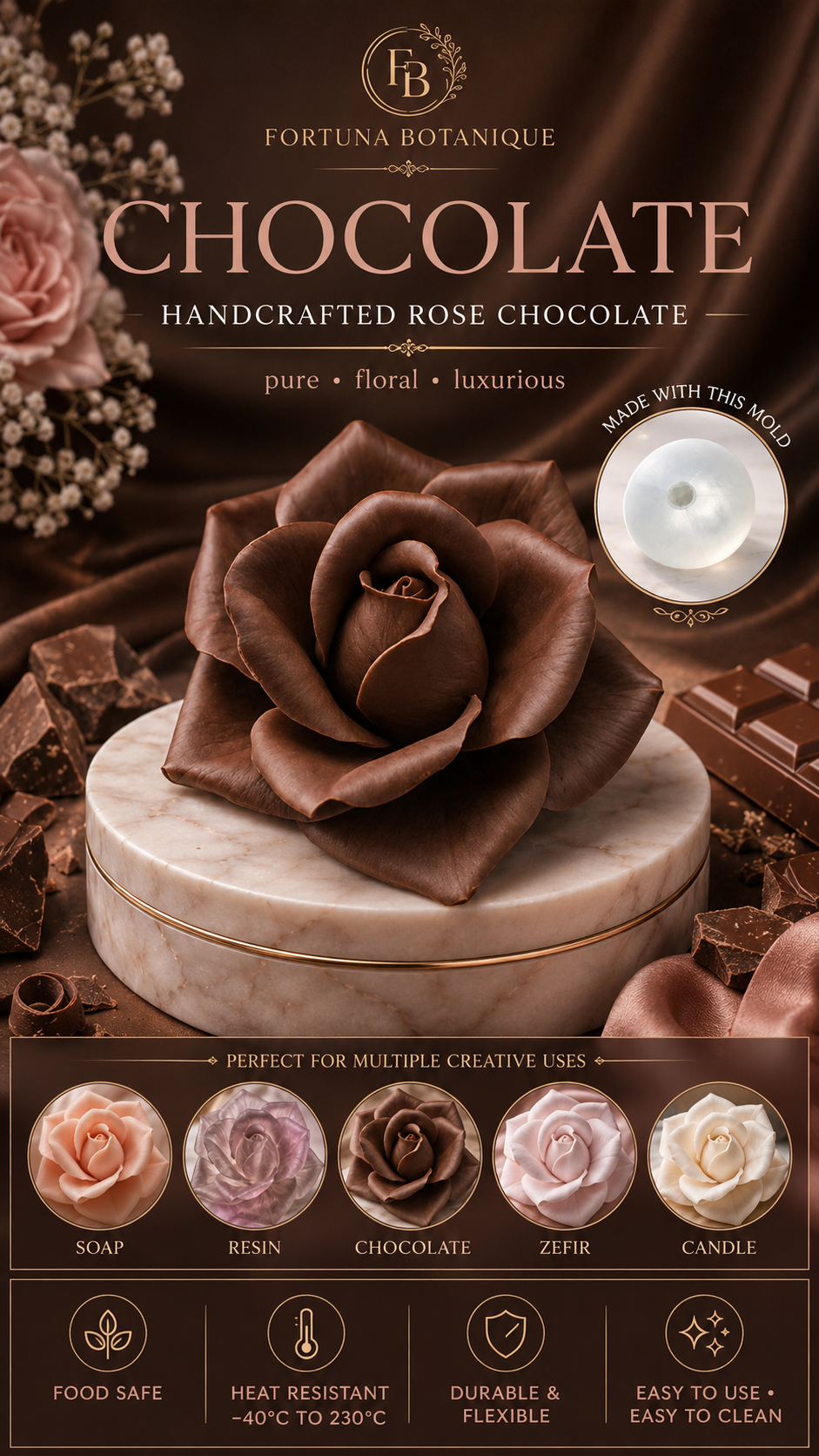 Rose Silicone Flower Mold for Soap, Candles, Resin, Chocolate & Zefir