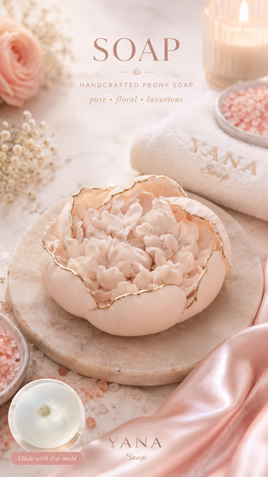 Peony Flower Silicone Mold for Soap, Candles, Resin, Chocolate & Zefir