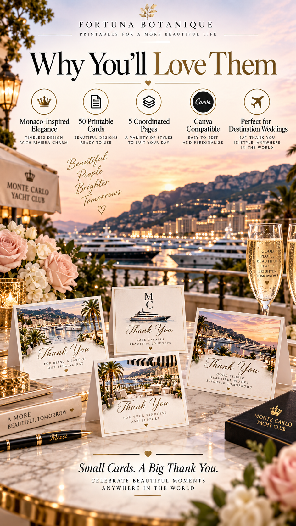 Monaco Wedding Thank You Cards | 50 Printable Riviera Wedding Cards