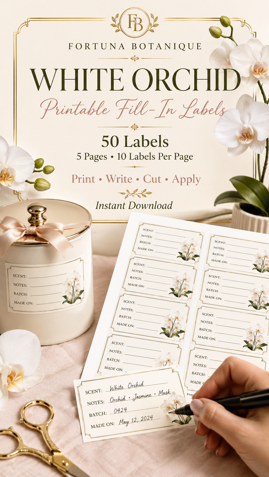 White Orchid Printable Fill-In Labels | 50 Small Business Product & Packaging Labels