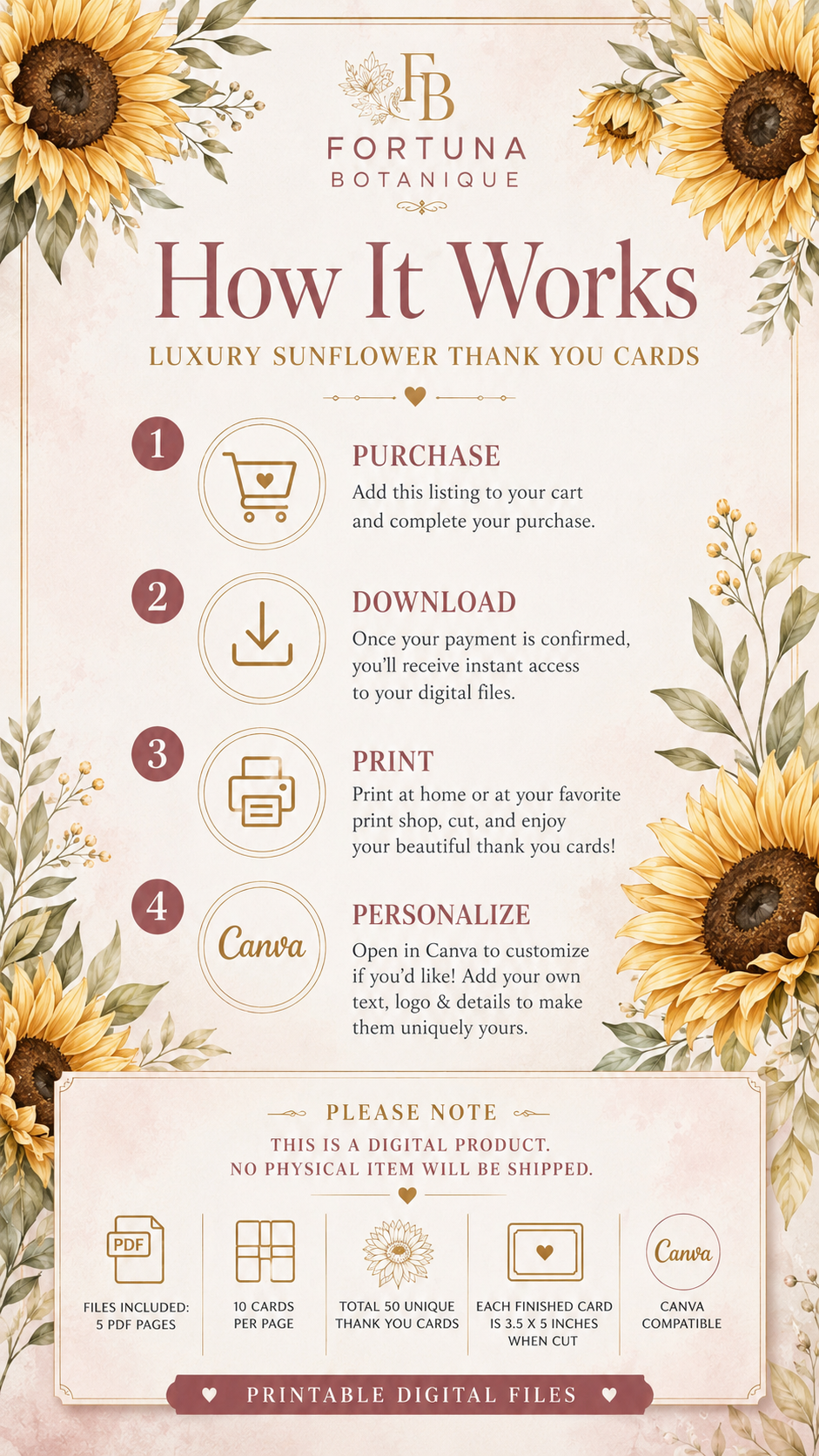 Luxury Sunflower Printable Thank You Cards | 50 Small Business Cards