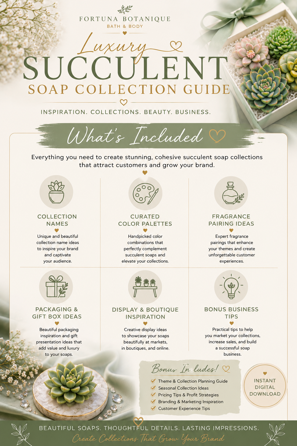 Succulent Soap Collection Guide | Luxury Botanical Collection Ideas & Business Planner for Soap Makers | Digital PDF