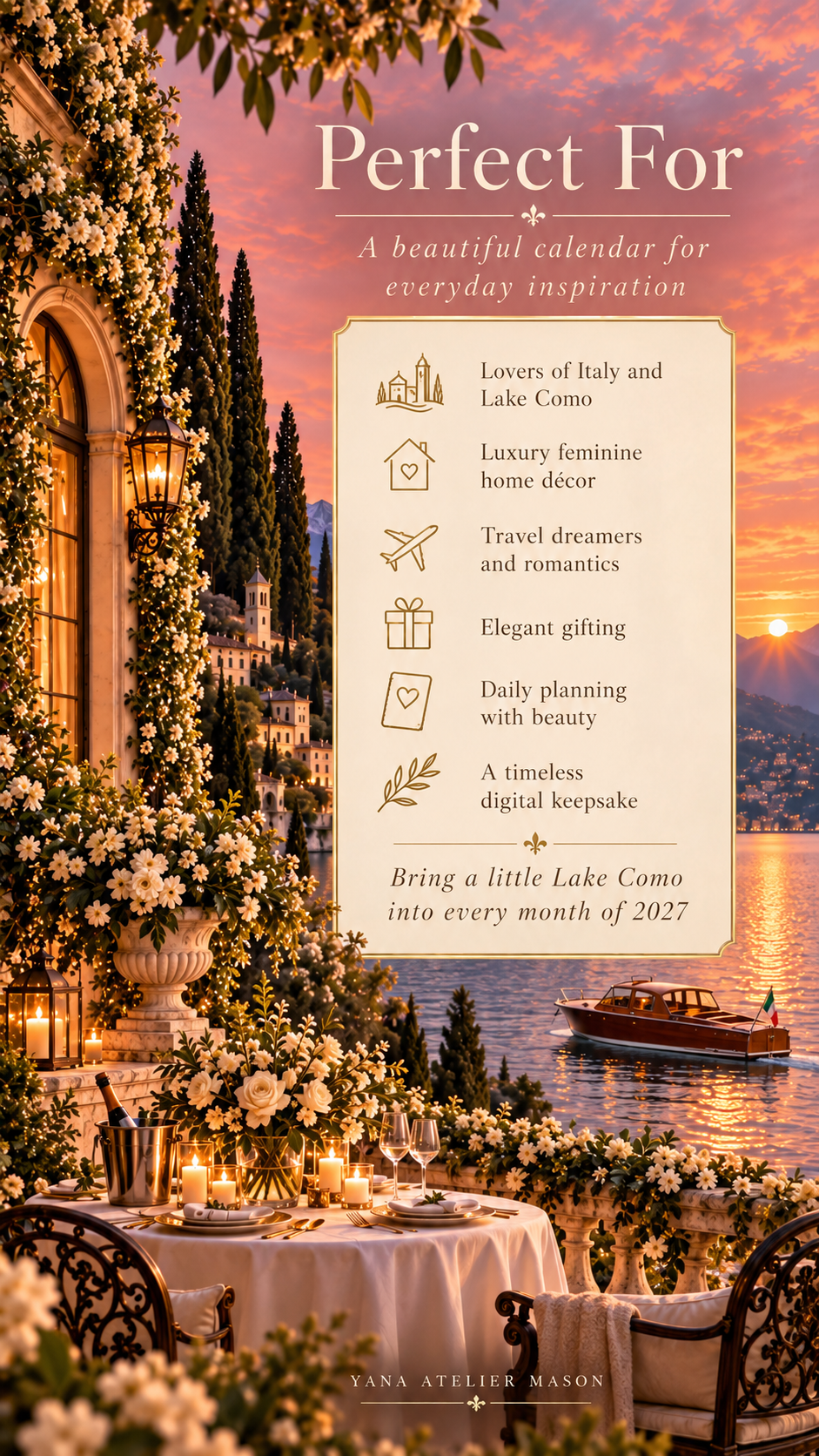 Lake Como 2027 Calendar | Luxury Italian Sunset Printable Calendar