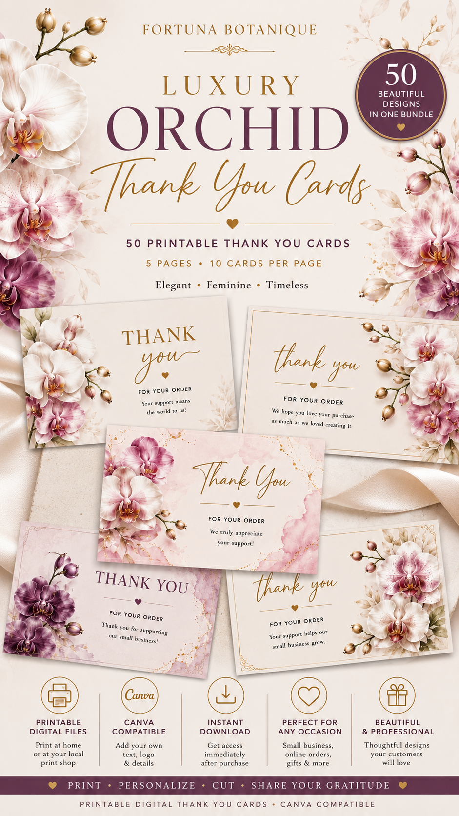 Luxury Orchid Printable Thank You Cards | 50 Small Business Cards