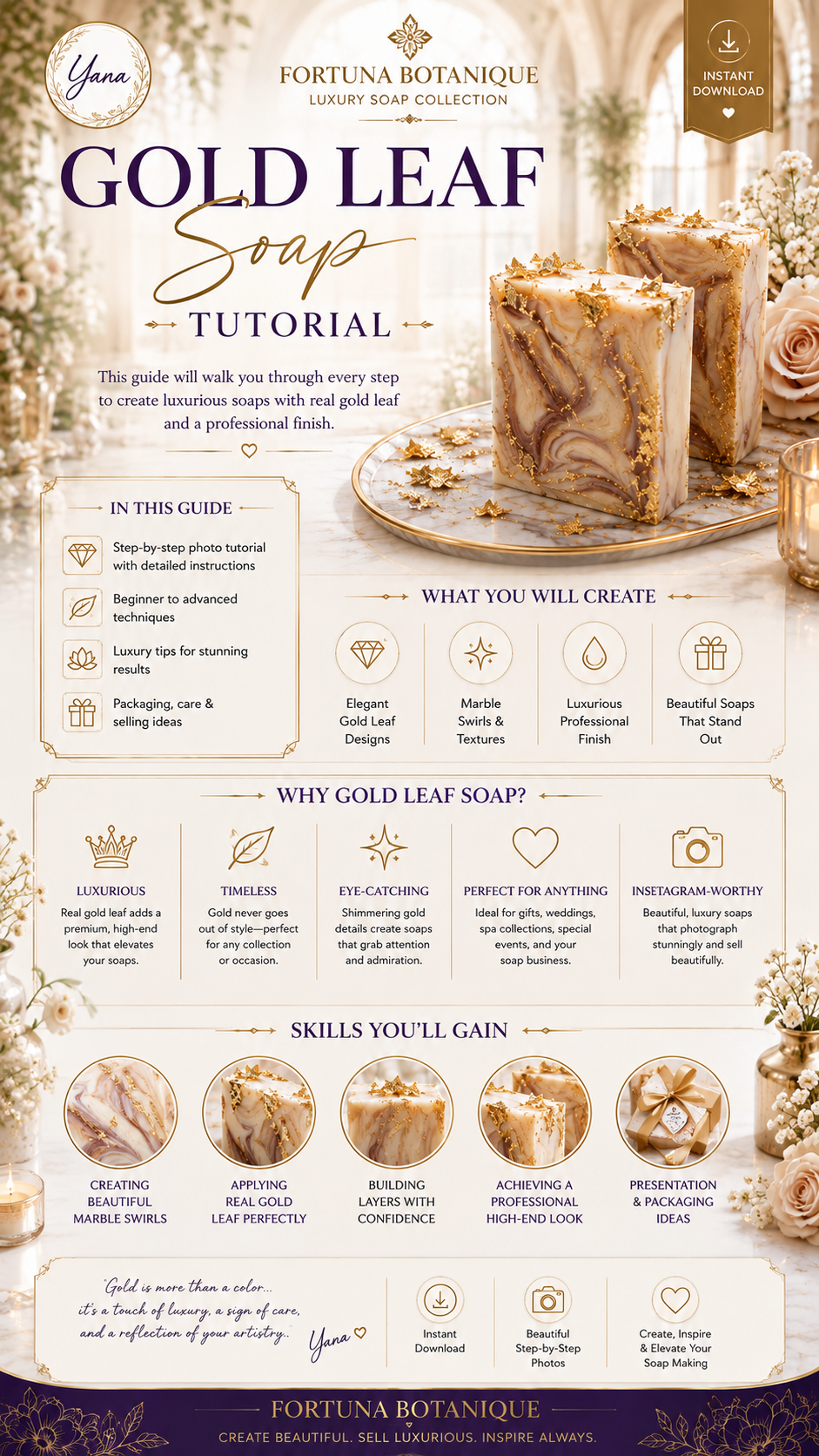 Gold Leaf Soap Tutorial | Luxury Melt & Pour Soap Making Guide | Marble Swirl Soap | Soap Decorating with Real Gold Leaf | PDF E-Book