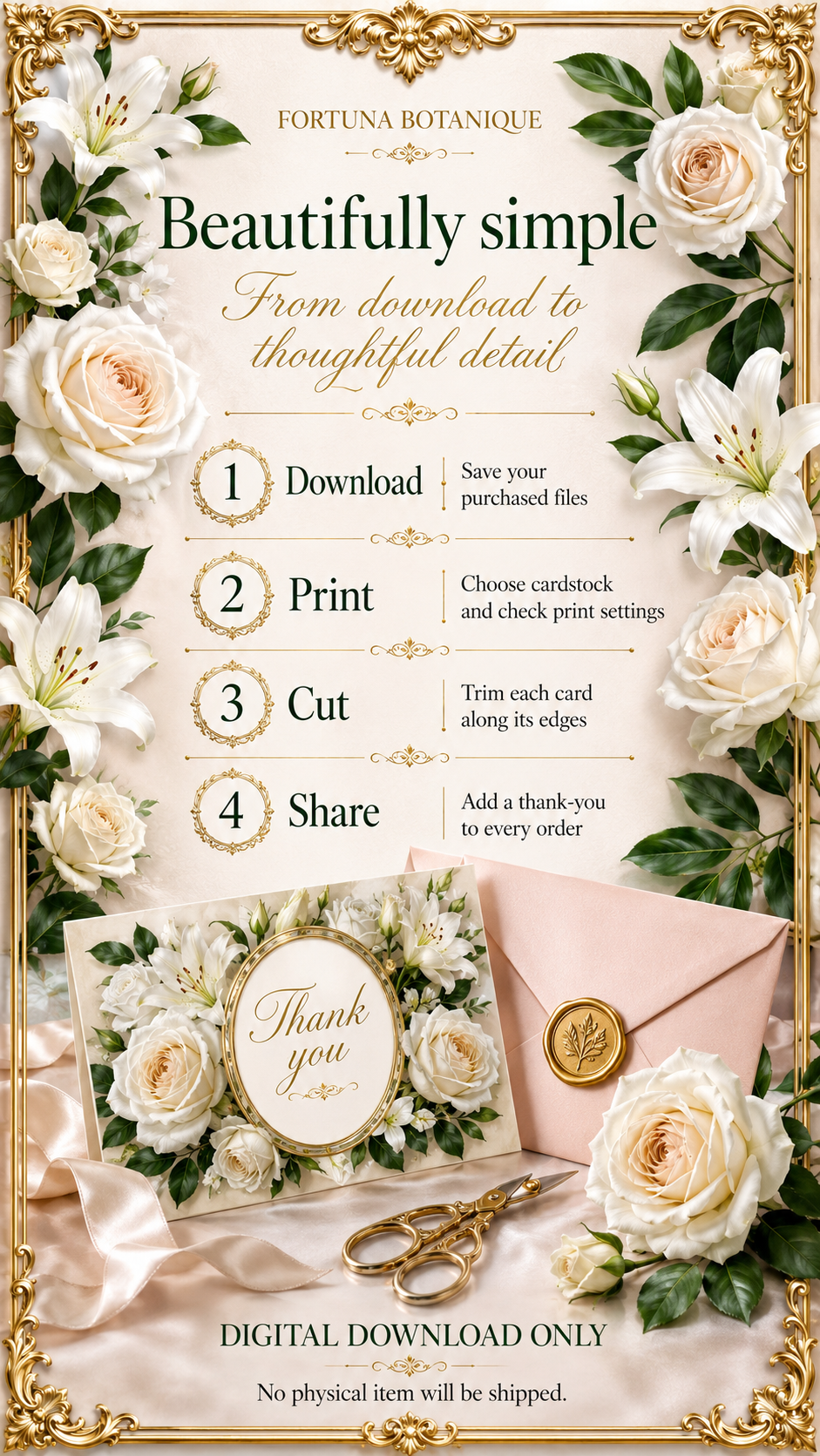 Luxury White Roses & Lilies Printable Thank You Cards | 50 Small Business Cards