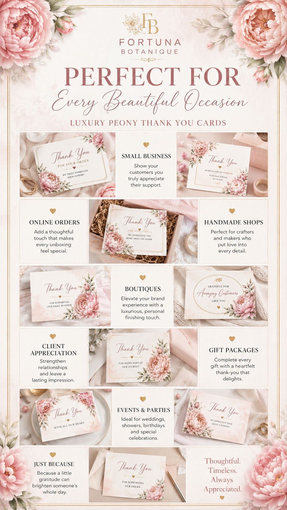 Luxury Peony Printable Thank You Cards | 50 Small Business Cards
