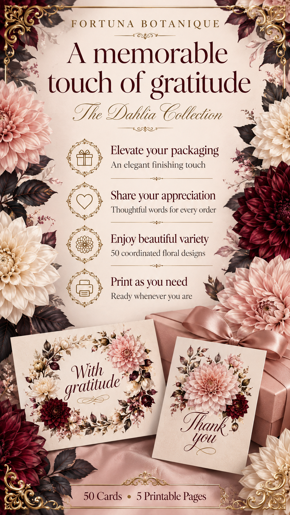 Luxury Dahlia Printable Thank You Cards | 50 Small Business Cards