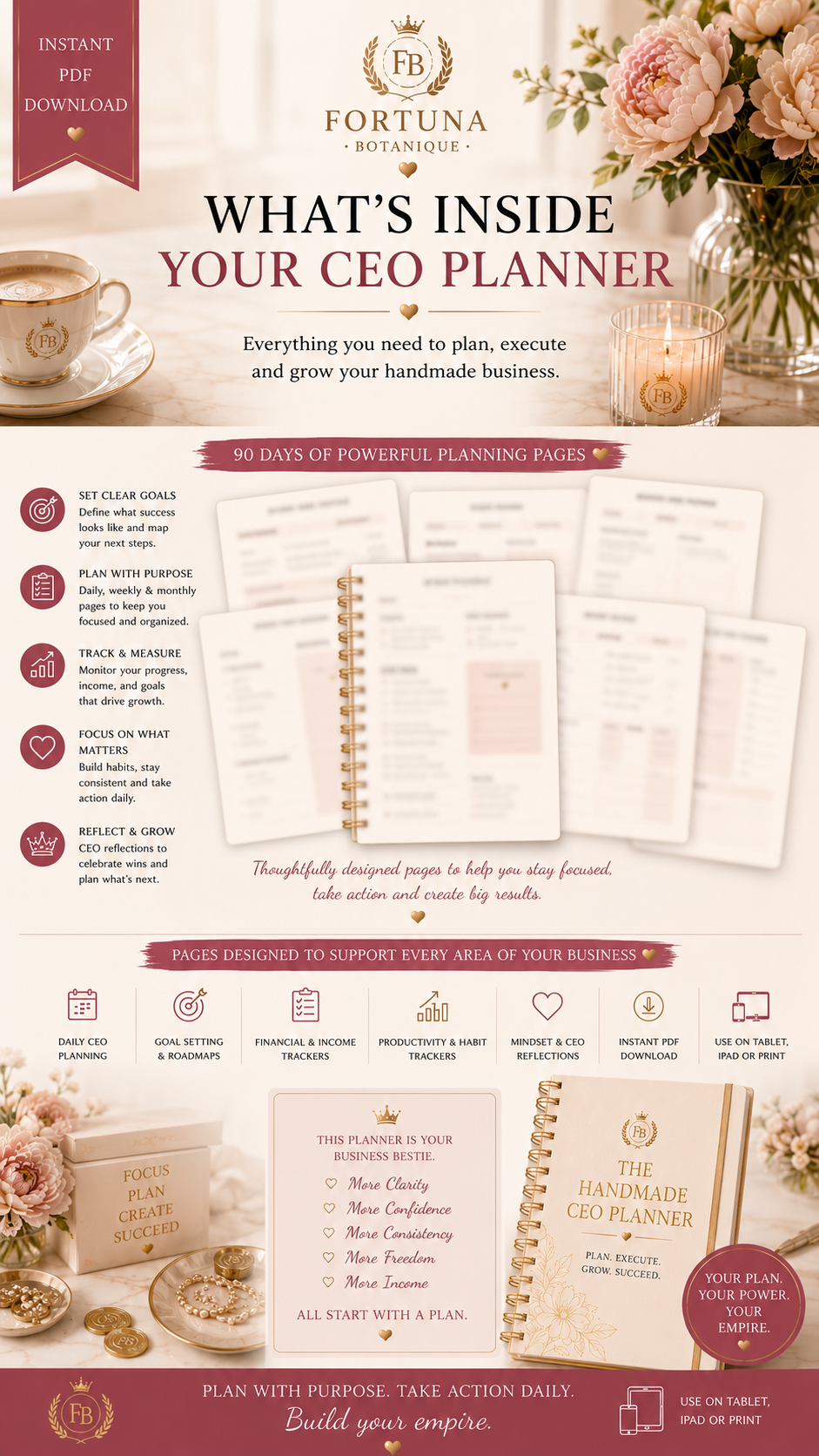 The Handmade CEO Planner™ | Luxury 90-Day Business Planner for Handmade Entrepreneurs | Printable PDF Workbook | Goal, Income & Productivity Tracker