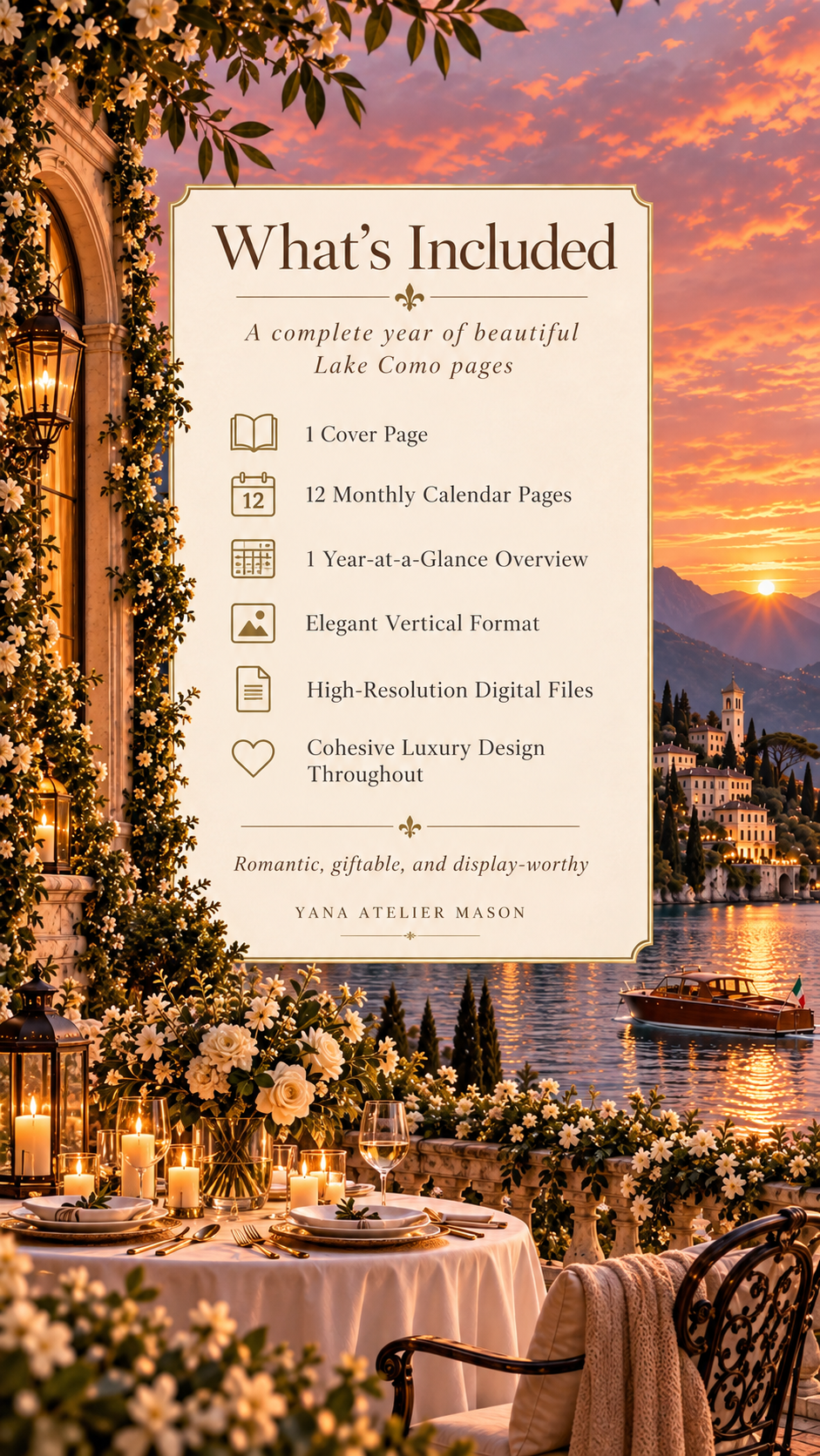 Lake Como 2027 Calendar | Luxury Italian Sunset Printable Calendar