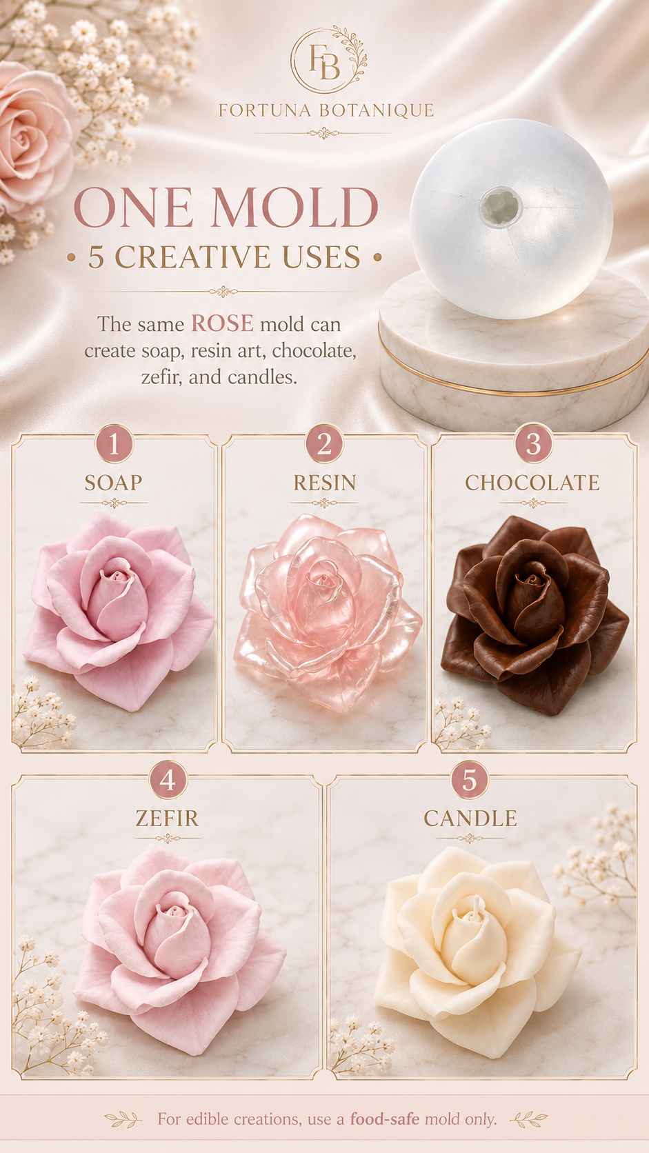 Rose Silicone Flower Mold for Soap, Candles, Resin, Chocolate & Zefir