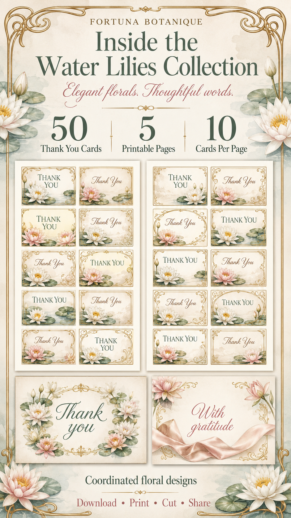 Luxury Water Lily Printable Thank You Cards | 50 Small Business Cards