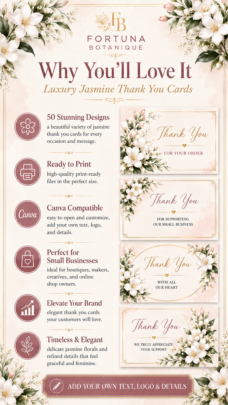 Luxury Jasmine Printable Thank You Cards | 50 Small Business Cards