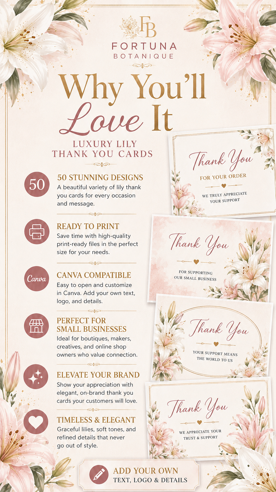 Luxury Lily Printable Thank You Cards | 50 Small Business Cards